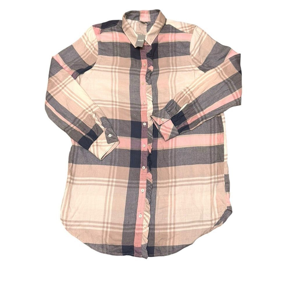 NEW AERIE SZ M LONG TUNIC STYLE BUTTON UP FLANNEL SHIRT PLAID TOP - Picture 2 of 9
